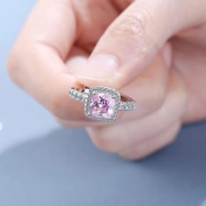 Pink Square Halo Cushion Zirconia Diamond Cut 925 Sterling Ring