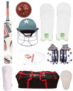Pack of 9 - Cricket Kit For Adults (Hard Ball Bat + Hard Ball + Gloves + Cricket Kit Bag + Helmet + Under Guard + Leg Pads + Elbow Pads + Thigh Pads)
