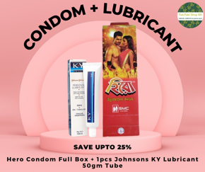 Condom & Lubricant Combo Pack - Hero Condom Full Box + J&J's K Y Jelly Personal Lubricant 50g Tube