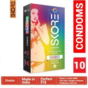 Skore Shades Condom - Assorted Colors and Dotted Condoms With Extra Lubrication - Large Single Pack - 10x1=10pcs Condoms