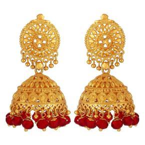 Gold-Nera Gold-Plated Red Crystal Ethnic Party Wear Artificial Jhumka Earrings For Girls