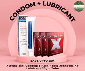 Condom & Lubricant Combo Pack - 3 Pack Xtreme 3in1 Condom + J&J's K Y Jelly Personal Lubricant 50g Tube