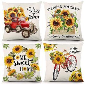 Farm Sunflower Pillow Covers 18X18 Inch Set of 4 Summer Decorative Throw Pillowcase Farmhouse Decor for Home