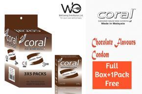 Coral - Chocolate Flavors Lubricated Natural Latex Condom - Full Box+1Pack Free - 3x5=15pcs+3pcs