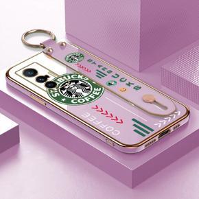 Hontinga for Vivo X70 5G Back Cover With Wristband Luxury 6D Plating Coffee Sign Case Soft Silicone Square Phone Cases