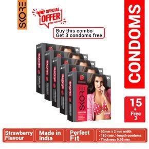 Skore - Strawberry Flavored Climax Delay Condom With 1500+ Raised Dots - Combo Pack - 5 Packs+1 Pack Free - 3x5=15pcs+3pcs Free Condoms