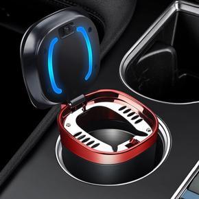 Car Ashtray Portable Blue LED Garbage Mini Storage Cup Container Cigar Ash Cup Holder with Lid (Black+Red)