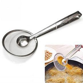 2-in-1 Kitchen Stainless Steel Colander Spoon with Clip Oil Filter Grid Scoop Fryer Tongs Frying Mesh Colander Kitchen Tools