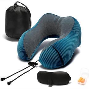 Blue Travel Pillow Memory Foam with 360-Degree Head Support Comfortable Neck Pillow with Storage Bag Lightweight Traveling Pillow for Airplane, Car, Train, Bus and Home Use
