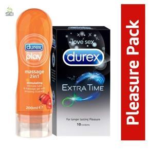 Durex Pleasure Pack Extra Time Condoms - 10Pcs + 2 in 1 Massage Guarana Lub Gel - 200ml