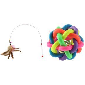 Dog Puppy Cat Pet Rainbow Colorful Rubber Bell with Cats Bouncy Rod with Bell and Feathers 36in - Playing Toys