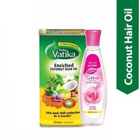 Vatika Enriched Coconut Hair Oil Tin Can 200 ml Dual Pack (Get Gulabari Rose Water 120 ml Free)