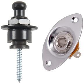 Strap Lock Straplocks Round Head for Electric Guitar Bass Black & Oval Indented Jack Output Plate Jackplate and Socket