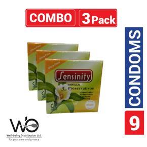 Sensinity Ultra Fine Ribbed & Dotted Vanilla Flavor Condom - Combo Pack - 3 Packs - 3x3=9pcs