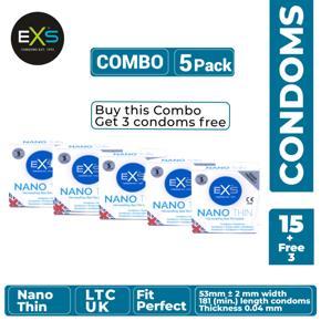EXS - Nano Thin Condom - Combo of 5 Packs - 3x5=15pcs + 3pcs Free (Made in UK)