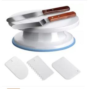 6 Combo Cake Decorating Turntable Rotating Cake Stand Cake Plate with 3 Scraper and Stainless Steel Palette Knife 8" 2 pieces for Cake Decorating, Baking, Pastries and Icing Patterns, 28x7 cm, White