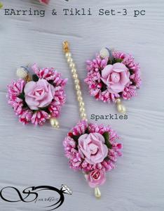 Artificial Flower Earrings & Tikli Set Light Pink Color -3 pc set