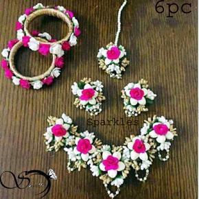 Artificial Floral White & Pink Color Ornaments/Jewellery  Set For Women -6 pc