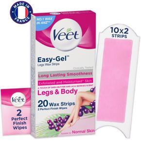 Veet Wax Strips for Arm, Leg, Underarm & Bikini Line, 20 One-Side Strips (2 Strips Patched Together X 10) & 2 Perfect Finish Wipes for Long Lasting Smoothness, Normal Skin, Made in France