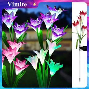 Vimite Led Solar Flower Lights Outdoor Waterproof Automatic Sensor Artificial Lily Garden Light Decoration Lawn Lamp for Patio Yard House Purple White Blue Colors
