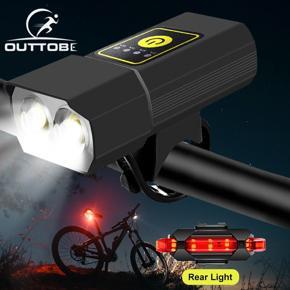 Outtobe Bike Light Multifunctional LED Bike Headlight USB Rechargeable Headlight Bicycle Front and Rear Light Bicycle Safety Warning Light Waterproof Bike Light F lashlight With Power Display Telescop