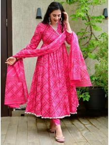 New exclusive designed Linen Screen Print Gown 3piece long kurti Poppon Les Work For Stylish Women / Girls