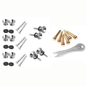 BRADOO- 6Pcs Brass Endpin with Guitar Bridge Pin Puller & 10Pcs Metal Strap Buttons End Pins with Mounting Screws