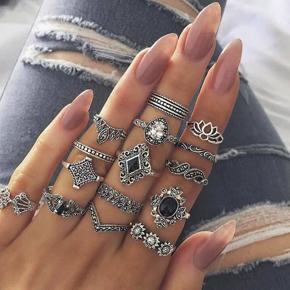 15 Pcs/set Bohemian Retro Crystal Flower Leaves Hollow Lotus Gem Silver Ring Set