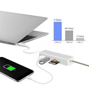 XHHDQES Type-C to RJ45 100M Network Card+SD/TF Card Reader+USB3.0 HUB Hub Converter Docking Station