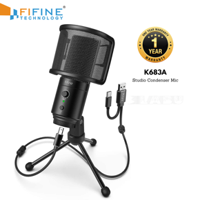 FIFINE K683A USB Desktop PC Microphone with Pop Filter for Computer and Laptop, Studio Condenser Mic with Gain Control Mute Button Headphone Jack for Gaming Streaming Recordng YouTube, USB-A & C combo