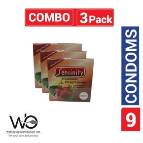 Sensinity Ultra Fine Ribbed & Dotted Strawberry Flavor Condom - Combo Pack - 3 Packs - 3x3=9pcs