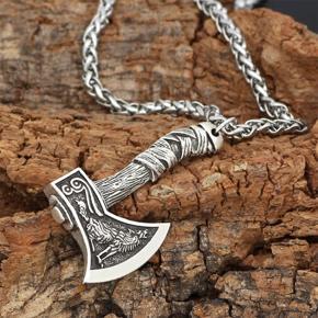 Men Viking Pirate Decorative Necklace  Celtic Wolf Crow Double-sided Axe Chain Pendant