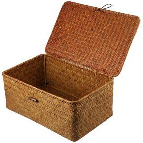 Rattan Storage Basket,Straw Seaweed Basket, Hand-Woven Storage Basket Multipurpose Container with Lid