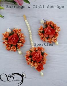 Artificial Flower Earrings & Tikli Set orange Color -3 pc set