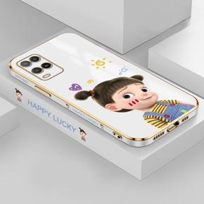 Hontinga for OPPO A54/A54 2021 Back Cover Luxury 6D Plating Cute Cartoon Happy Girl Side Pattern Case Soft Silicone Square Phone Cases