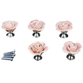 5 x Pink Door Furniture Ceramic Handle Antique Button Screws Included Elegant Design Rose shaped