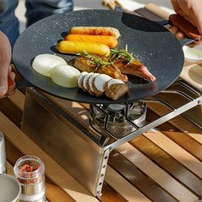 ARELENE COOLCAMP Outdoor Camping Portable Barbecue Tray Solid Wood Handle Anti-Scalding Double Ear Round Roasting Tray Wooden