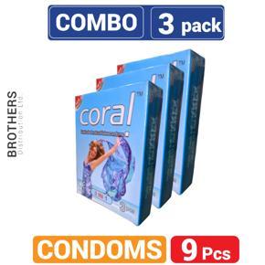Coral 3 in 1 Lubricated Natural Latex Condoms - Combo Pack - 3x3= 9pcs