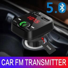 Hom Car Kit Handsfree Wireless Bluetooth 5.0 FM Transmitter with Dual USB Charger and Car Mp3 Music Player Support TF Card