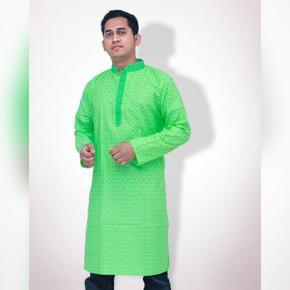 Green Cotton Semi Long Panjabi for Men