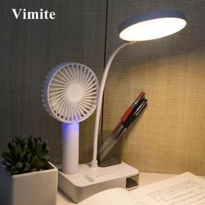 Vimite Student Study Table Lamp with Fan USB Rechargeable Eye Protection Touch Control Desk Lamp 3-Color Dimming Led Reading Light for Room Bedroom Dormitory Working Home Lighting with Phone Holder