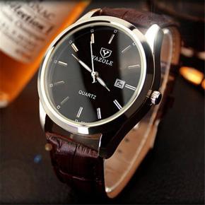 [New]Yazole 308 Men'S Casual Watches 30M Waterproof Calendar Luminous Blu-Ray Window Leather Strap Quartz Watch