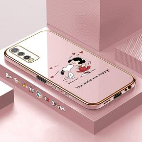 Hontinga for Vivo Y20 2021 Case Luxury 6D Plating Soft Casing Silicone Square Frame Phone Cases Shiny Bling Side Print Happy Puppy and Girl Phone Cover