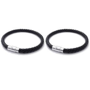 BRADOO- 2x Stainless Steel Leather Bracelet, Braided Leather Bracelet, for Men Women, Black - Width 6mm - Length 19cm & 21.5cm