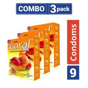 Coral 3 Fruits Flavors Lubricated Natural Latex Condoms 3 Pack Combo - 9 Pcs