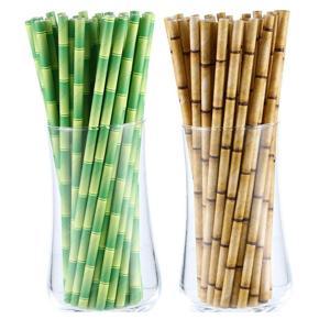 200Pcs Green Yellow Bamboo Pattern Paper Straws for Party Supplies