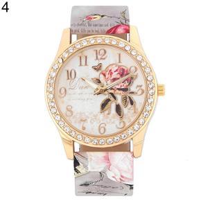 Fashion Women Rhinestone Wrist Watch Casual Rose Pattern Quartz Wristwatch