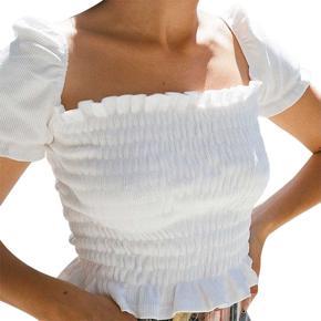 Women's Knitted Stretch Purse Sleeves Short Women's Summer Square Collar Pleated T-Shirt White L Size