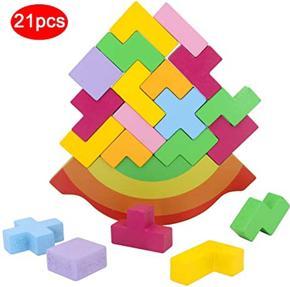 Wooden 3D Blocks Rainbow Tetris Stacking Balancing Game Toy Brain Teaser Wood Puzzle Building Stacker for Kids - Rocking and Stacking Height