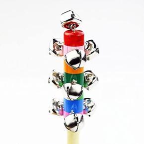 Hand Held Bell Stick Wooden With 10 Metal Jingles Ball Colorful Rainbow
